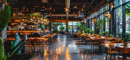 Wallpaper Mural Modern restaurant interior with wooden tables and chairs, a bar, and green plants. The space is bright and airy with large windows. Torontodigital.ca