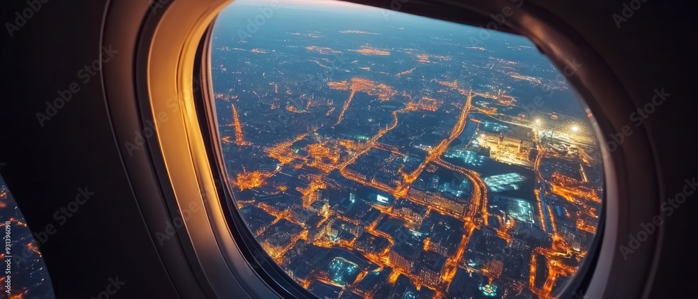 Fototapeta premium Nighttime Cityscape Viewed from Airplane Window