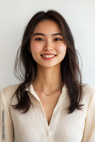 Asian woman positive smile on white background, beauty positive smile