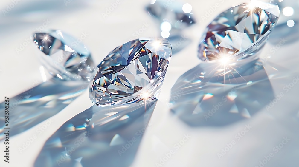 Close up of diamonds of different cuts and sizes on light background with shadows : Generative AI Close up of diamonds of different cuts and sizes on light background with shadows : Generative AI