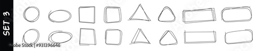 Hand drawn line scribble frames including circles, squares, triangles and rectangles shapes for doodle and cartoon style