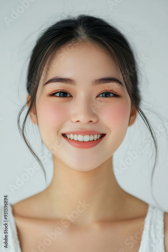 Asian woman positive smile on white background, beauty positive smile