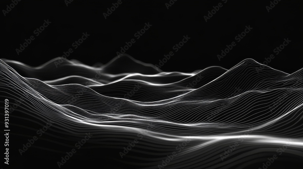 An abstract wave pattern appears in black and white An abstract wave pattern appears in black and white