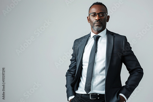 Portrait of smart successful African American man in business suit on white background. Generated by artificial intelligence photo