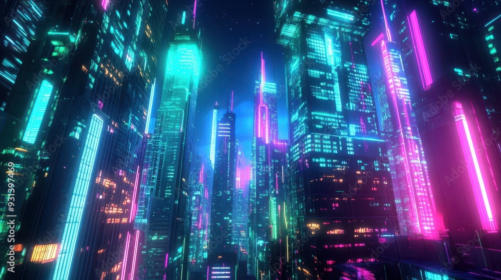 A vibrant cyberpunk cityscape illuminated by neon lights and futuristic architecture.