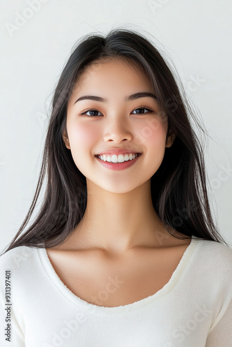 Asian woman positive smile on white background, beauty positive smile