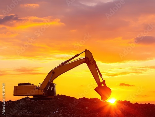 Excavator silhouetted against a vibrant sunset over a construction site