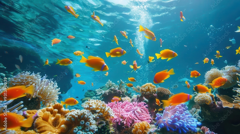 Fototapeta premium Vibrant coral reef teeming with colorful fish,