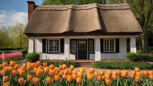 Charming Colonial Dutch farmhouse with tulips and thatched roof