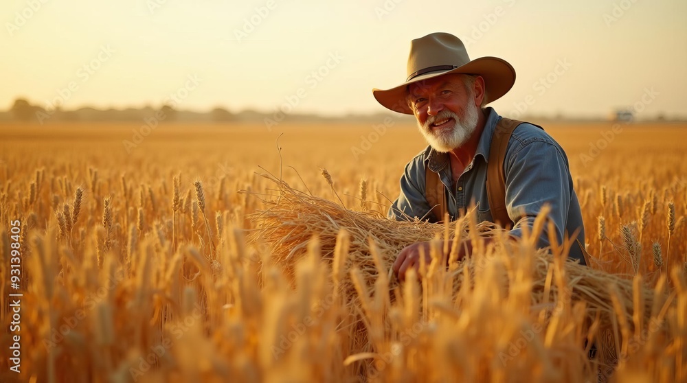 Senior Wheat Farmer in Golden Field: Authentic Portrait of Rancher at Sunset Harvest Senior Wheat Farmer in Golden Field: Authentic Portrait of Rancher at Sunset Harvest
