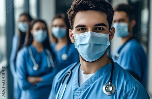 Confident multiethnic male nurse in front of his medical team looking at camera wearing face mask