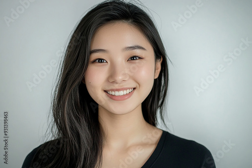 Asian woman positive smile on white background, beauty positive smile