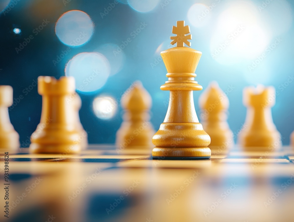 Majestic chess pieces illuminated by soft light during a strategic evening match Majestic chess pieces illuminated by soft light during a strategic evening match
