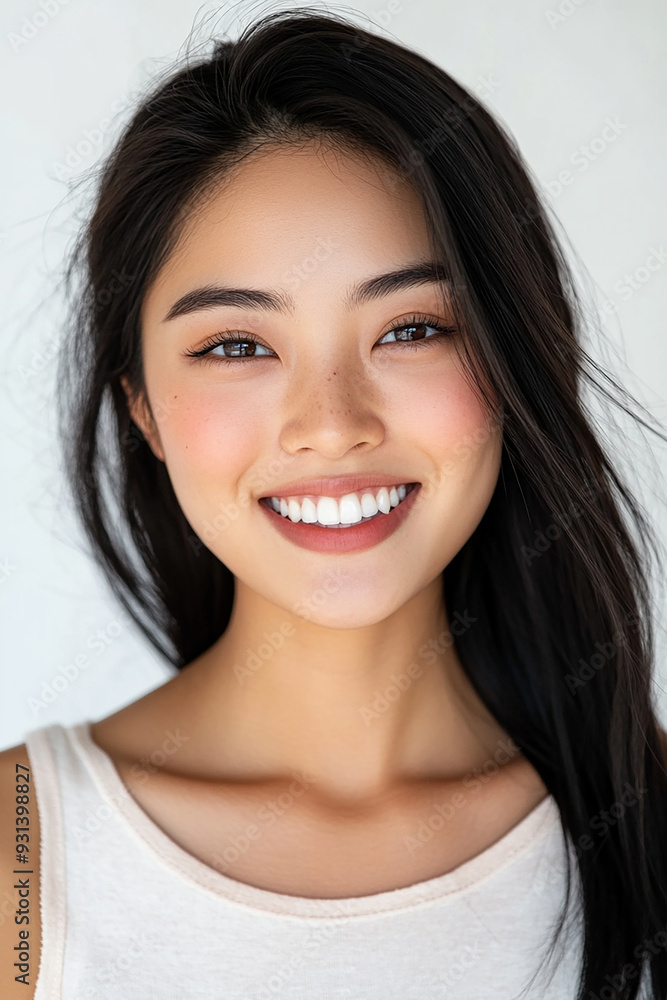 Asian woman positive smile on white background, beauty positive smile