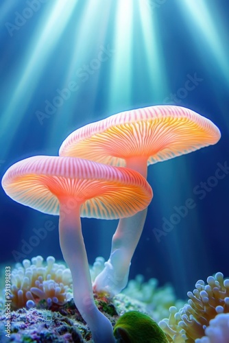 Ethereal underwater scene featuring luminescent mushrooms in a vibrant coral reef