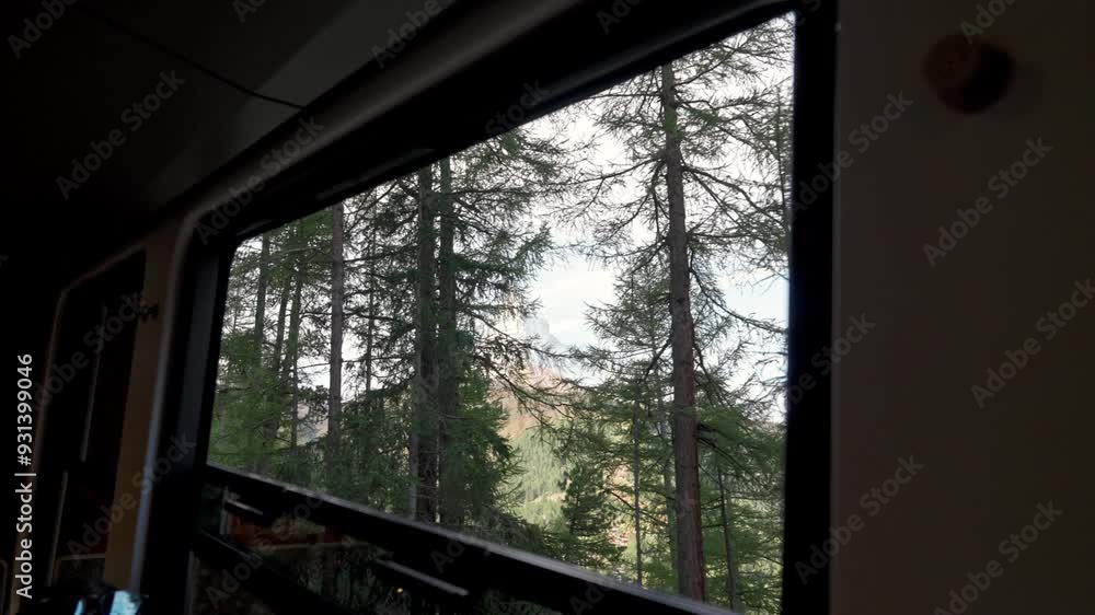 Train running up on hill through Matterhorn mountain with pine forest at Switzerland Train running up on hill through Matterhorn mountain with pine forest at Switzerland