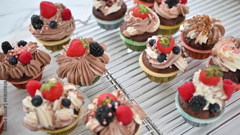 Freshly made colorful chocolate and vanilla muffins topped with cream and fruits Freshly made colorful chocolate and vanilla muffins topped with cream and fruits