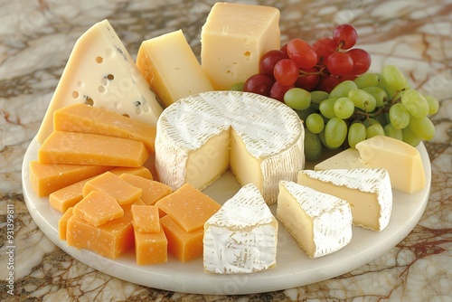 Elegant Platter of Gourmet Cheeses, Fresh Green and Red Grapes, Composition on a Marble Background, photo