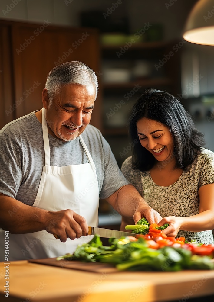 Cooking, old man and happy woman with wine at kitchen counter, healthy food and marriage bonding in home Cooking, old man and happy woman with wine at kitchen counter, healthy food and marriage bonding in home