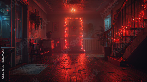 A haunted house with eerie lights and ghostly figures. photo