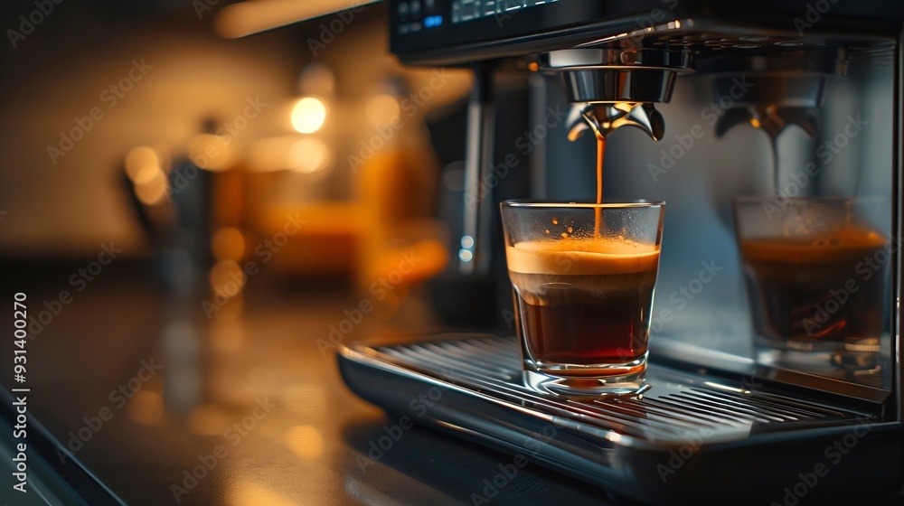 Coffee machine on dark background close up Modern coffee maker with freshly brewed coffee in glass cup Kitchen appliances : Generative AI Coffee machine on dark background close up Modern coffee maker with freshly brewed coffee in glass cup Kitchen appliances : Generative AI