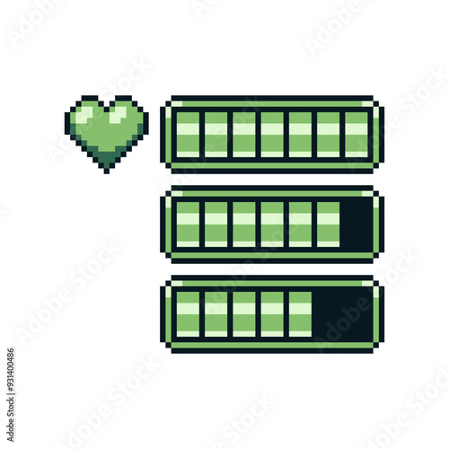 Life bar, heart. Pixel art style. Battery charge. Full health bar. Video game 8-bit sprite. Sign energy. Isolated abstract vector illustration. 