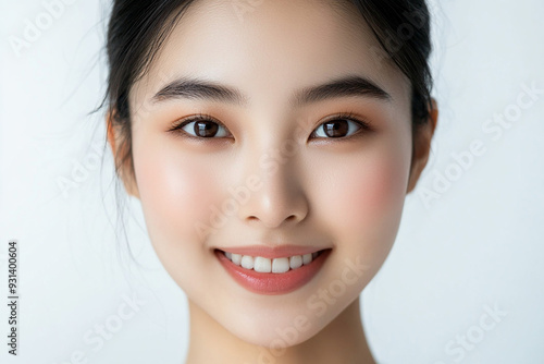 Asian woman positive smile on white background, beauty positive smile