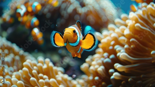 Clownfish swimming among vibrant orange and white sea anemones