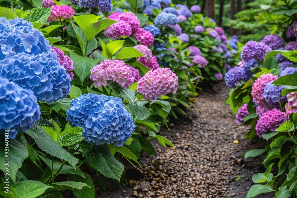 A lush garden scene with a mix of hydrangeas in blue, pink, and purple, surrounded by greenery and garden paths.