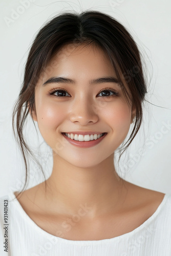 Asian woman positive smile on white background, beauty positive smile