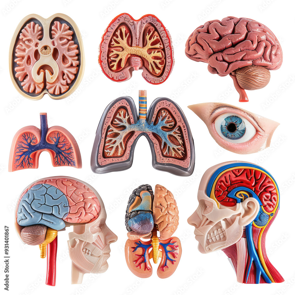 collection of human head cross section, lungs and eyeball anatomy plastic science miniature models of organs for diseases or medical education, isolated on white cutout background, Generative A collection of human head cross section, lungs and eyeball anatomy plastic science miniature models of organs for diseases or medical education, isolated on white cutout background, Generative A