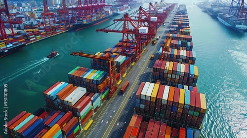 Busy container port with cranes loading ships,