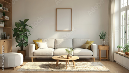 modern living room with sofa, empty mockup frame on the wall