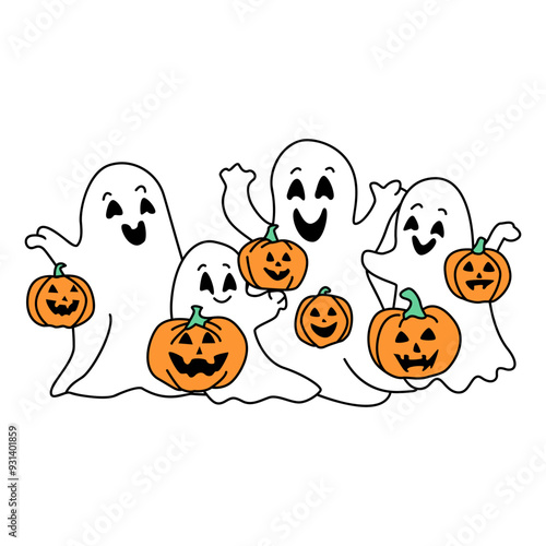 Happy Ghost Family with Pumpkins