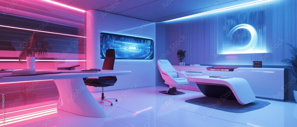 Futuristic Office Interior with Pink and Blue Neon Lights