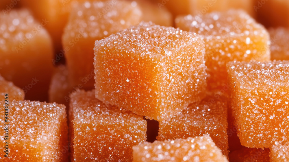 Close-up of orange sugar cubes with a fine layer of granulated sugar, highlighting texture and sweetness. Perfect for food and dessert themed projects. Close-up of orange sugar cubes with a fine layer of granulated sugar, highlighting texture and sweetness. Perfect for food and dessert themed projects.