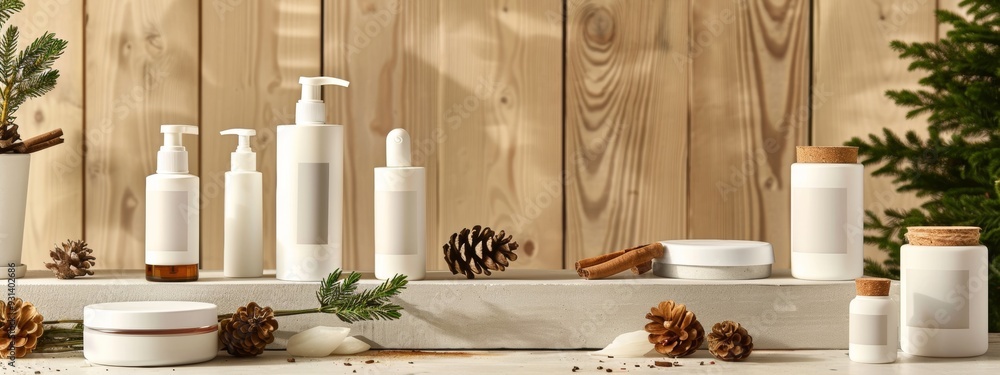 Winter-themed skincare products with pine cones and cinnamon Winter-themed skincare products with pine cones and cinnamon