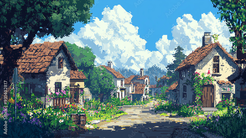 Charming village scene with blooming flowers and quaint houses under a bright blue sky Charming village scene with blooming flowers and quaint houses under a bright blue sky