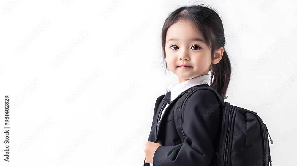Young girl in a black blazer and white shirt looks at the camera. She is wearing a black backpack and has her hair pulled back in a ponytail. Young girl in a black blazer and white shirt looks at the camera. She is wearing a black backpack and has her hair pulled back in a ponytail.