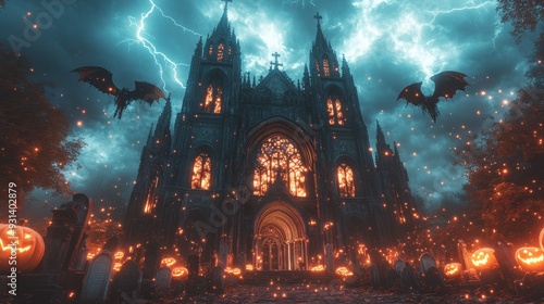 Gothic cathedral with jack-o'-lanterns and lightning