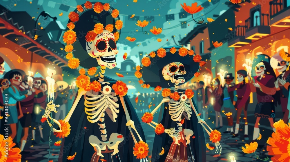 A lively parade with characters in skeleton costumes, carrying marigolds and candles through the streets cartoon Vector Illustration A lively parade with characters in skeleton costumes, carrying marigolds and candles through the streets cartoon Vector Illustration