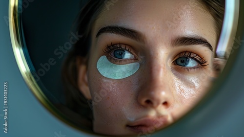 Undereye patches skincare and mirror of woman beauty and routine in morning dark circles and facial Treatment grooming and cleansing of skin proud and reflection of person and aestheti : Generative AI