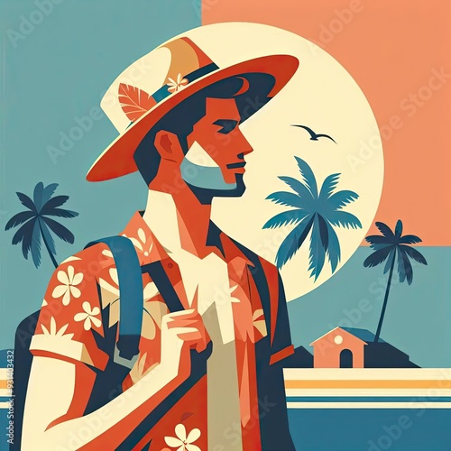 Stylized Male Traveler with Camera: A Retro-Inspired Illustration of a Modern Explorer with Generative AI. photo