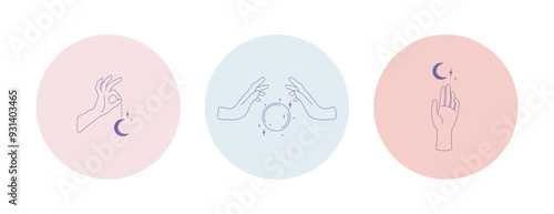 Set of women hands logos in minimalistic linear style. Vector logo design templates with different hand gestures, moon, stars, magic ball.  Covers for jewelry stores, beauty salons. Pastel colors
