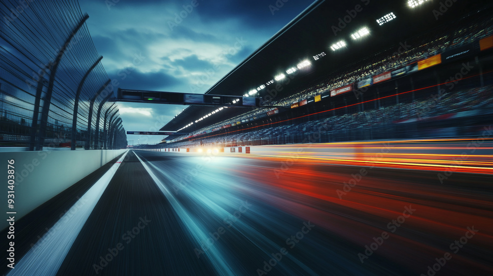 A dramatic view of a race track at dusk, showcasing blurred lights and the anticipation of an upcoming race A dramatic view of a race track at dusk, showcasing blurred lights and the anticipation of an upcoming race