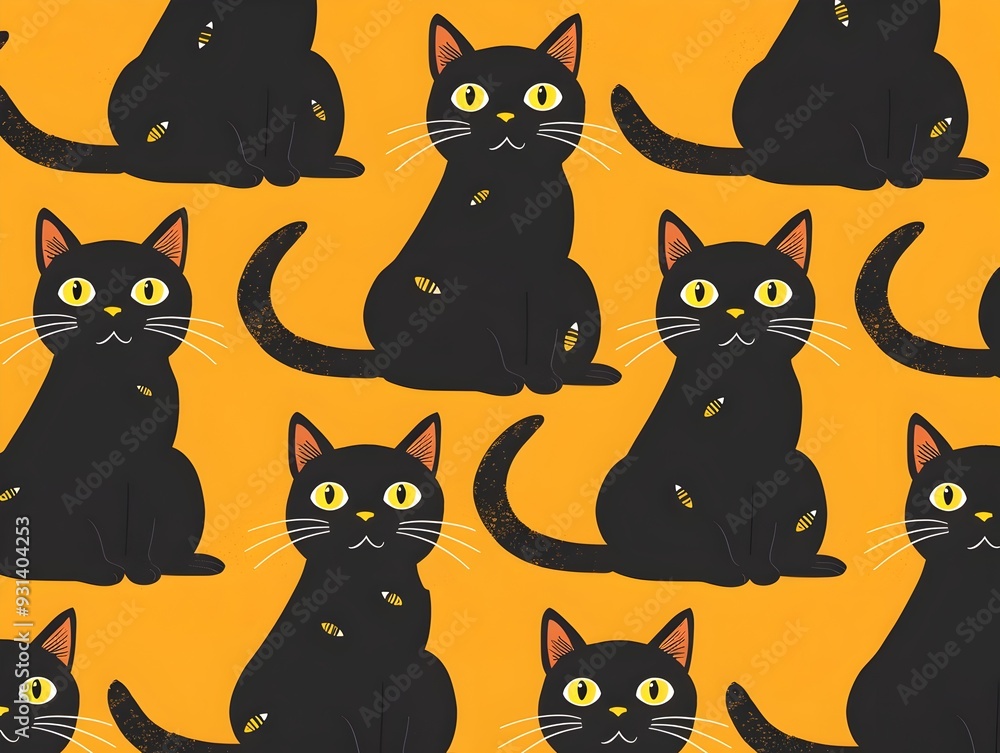 Fototapeta premium Mischievous Black Cat Pattern with Playful Halloween Theme and Clear Background