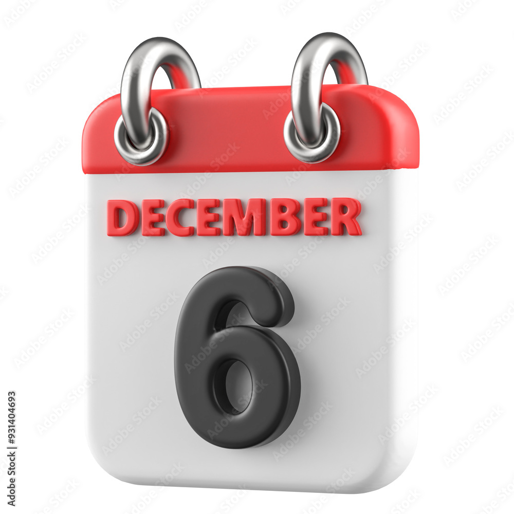 6th December Calendar Icon 3D Render 6th December Calendar Icon 3D Render