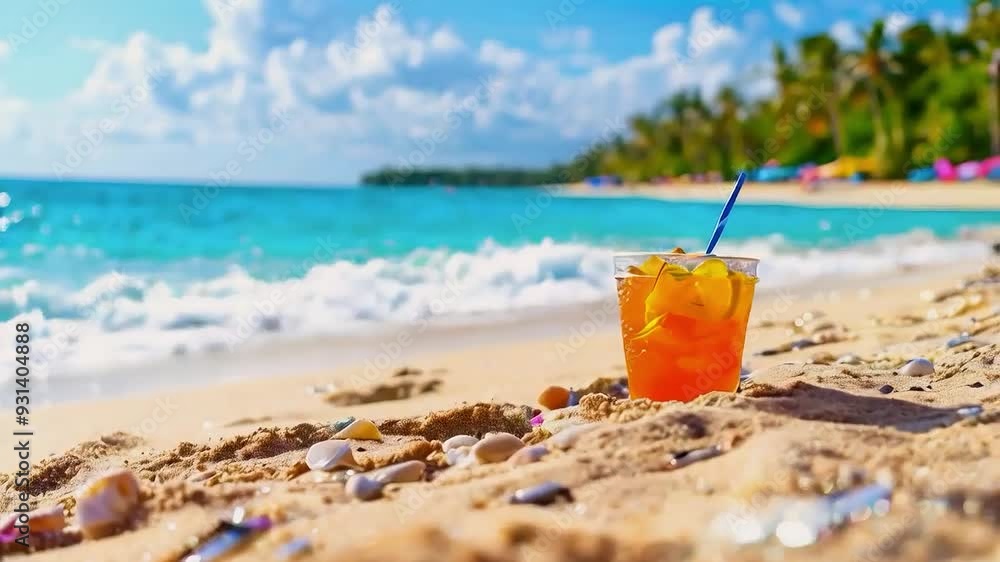 A glass of orange cocktail is sitting on the sand on a beach A glass of orange cocktail is sitting on the sand on a beach