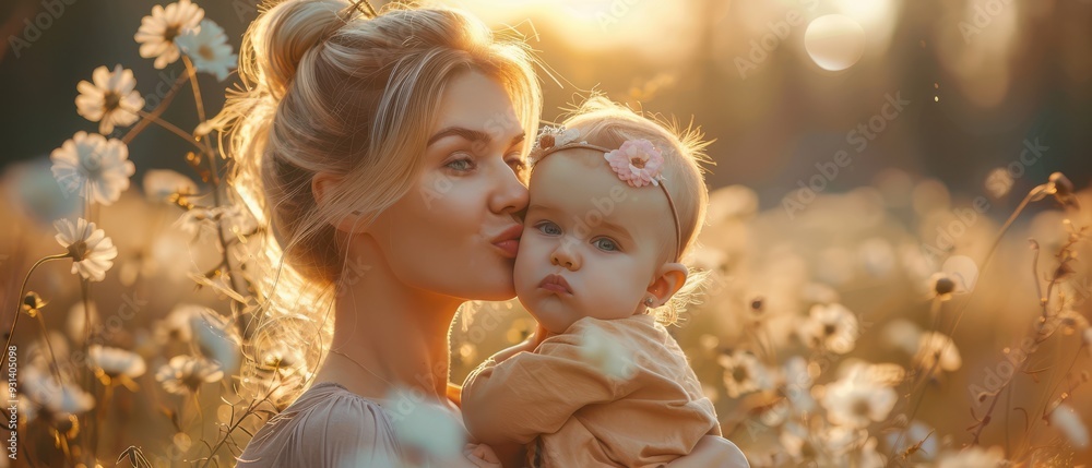 Young mother with blonde hair, holding and kissing her baby, tender and loving bond. Young mother with blonde hair, holding and kissing her baby, tender and loving bond.