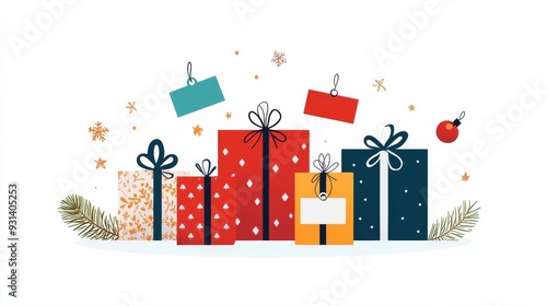 Christmas gift guide, wrapped presents with discount tags, flat design illustration